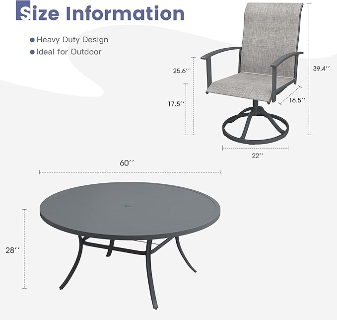 VICLLAX Outdoor Table and Chairs Set for 8, Patio Dining Set of 60 Metal Round Patio Table with Umbrella Hole & 8 Swivel Outdoor Dining Chairs for Backyard Lawn, Grey & Dark Grey