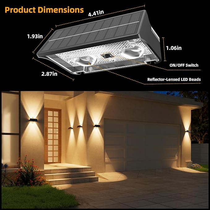NIORSUN Solar Fence Lights Outdoor, 16 Pack Up and Down Waterproof Solar Wall Lights, Fence Lights with Lens, Warm & Cool White + RGB, Dusk to Dawn Lighting for Patio, Backyard, Pool, Railing (Black)