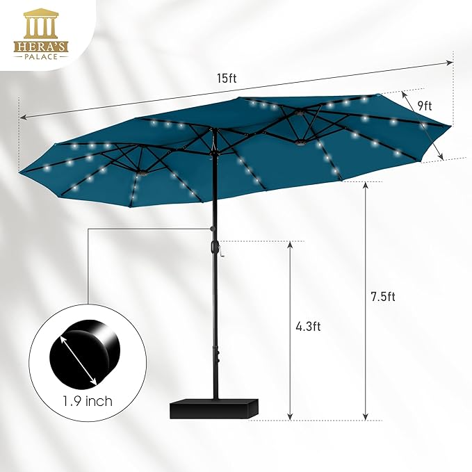 HERA'S PALACE 15ft Patio Umbrella with Base Included Double Sided Outdoor Umbrella for Patio Table Umbrella Outdoor 36 LED Solar Lights for Garden