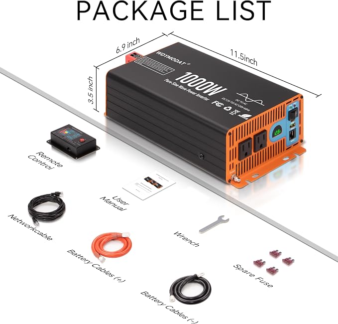 1000W Pure Sine Wave Inverter,12V DC to 120V AC Car Power Inverter 2000W Peak with 2AC Outlets, 3.0A USB and Type-C, LCD Display 16.5 ft Remote Control for RV Truck Travel Solar Emergency