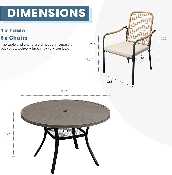 DIFY 7 Pieces Outdoor Dining Set for 6, 47.2" Round Dining Table with Umbrella Hole & Wicker Stackable Patio Chairs with Cushions, Metal Patio Table and Chairs Set for Backyard Porch, Grey Wood-Like