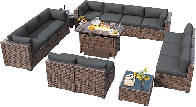 LazySunsets 15 Piece Outdoor Patio Furniture Set with 44'' Fire Pit Table, Outdoor Patio Furniture Set with Waterproof Cover, Wicker Rattan Outdoor Conversation Set for Backyard & Garden, Grey