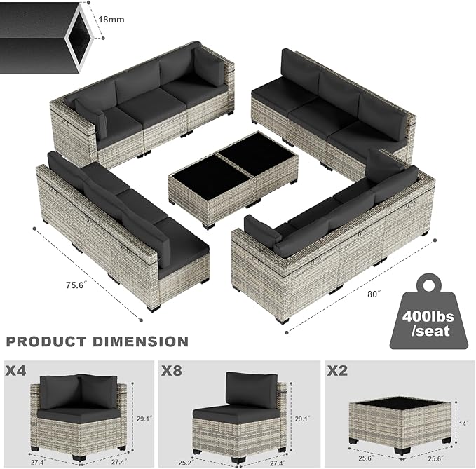 14-Piece Patio Furniture Set, Outdoor Sectional with Thick Cushions, Modular Patio Sofa, Dual-Strand Wicker Rattan, Rust-Resistant Frame, Backyard Furniture for Garden, Deck, Black