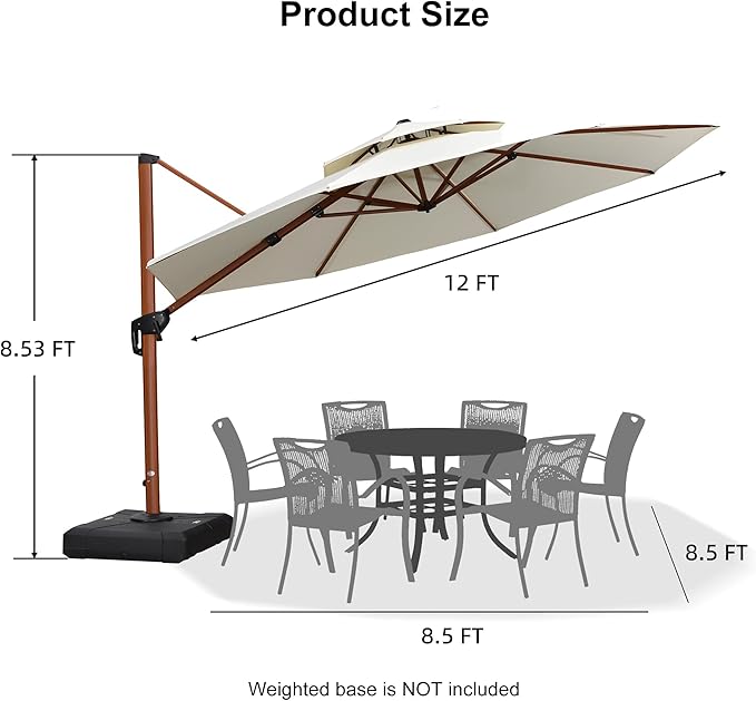 PURPLE LEAF 12ft Patio Umbrella Outdoor Round Large Cantilever Umbrellas Windproof Offset Umbrellas Heavy Duty Sun for Garden Deck Pool Patio, Cream