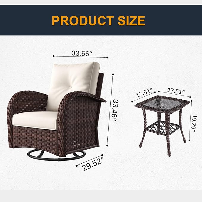 3 Pieces Outdoor Wicker Patio Swivel Rocking Chairs, All Weather Wicker Conversation Set with Side Table