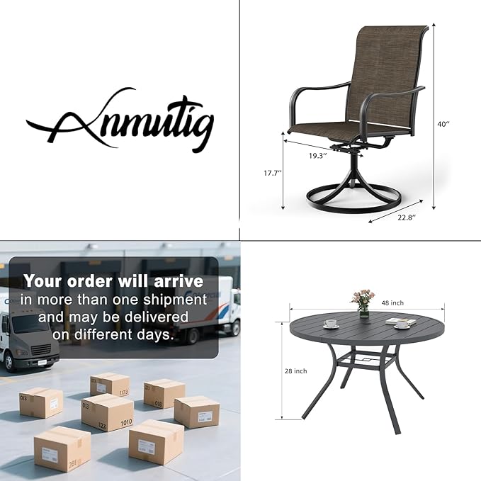 Anmutig Patio Table and Chairs Set of 5, Outdoor Dining Set with Metal 48" Round Table and Swivel Chairs, 5 Piece Outdoor Patio Furniture Set for Deck, Poolside, Garden - Tan Grey Style2