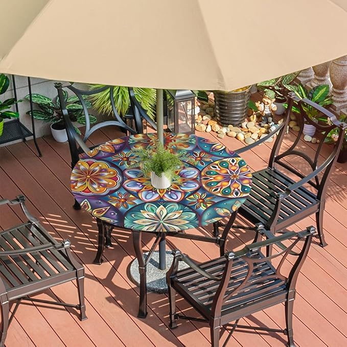 OSAM SPACE Outdoor Tablecloth with Umbrella Hole, Round Elastic Fitted Table Cloth with Invisible Zipper,Dark Colorful Mandala Flower Picnic Patio Table Cover 45-56in