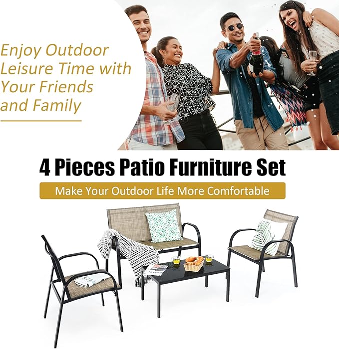 Tangkula 4 Pieces Patio Furniture Set, Metal Frame Heavy Duty Outdoor Conversation Set, Includes Glass Top Coffee Table, 2 Armrest Chairs and Loveseat, Suitable for Lawn Garden Porch Balcony (Brown)