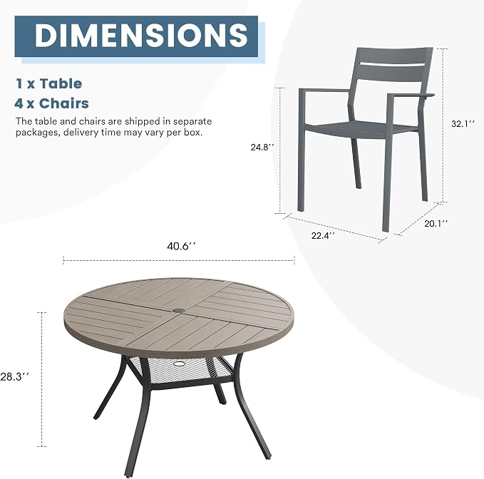 DIFY 5 Piece Outdoor Patio Dining Set for 4, 40.6" Round Dining Table with Umbrella Hole and Stackable Metal Chairs, Patio Table and Chairs Set for Backyard Garden Poolside, Grey Wood-Like & Grey