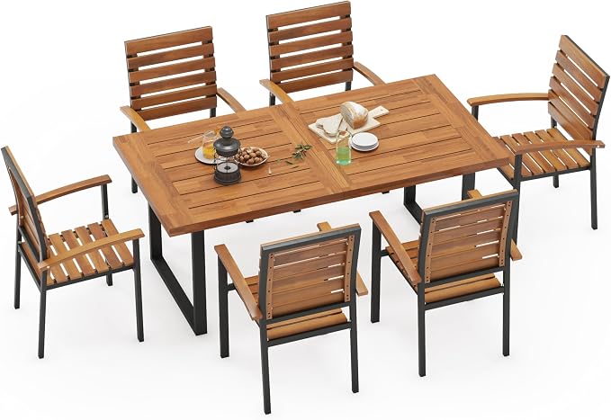 WiberWi 7 Piece Outdoor Dining Set for 6, Acacia Wood 59.1" Patio Table and Chairs Set with Metal Frame, Patio Dining Furniture Set for Garden, Balcony, Backyard, Poolside, Brown & Black