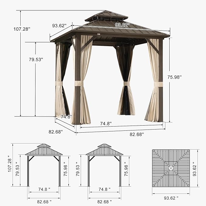 PURPLE LEAF 8’ X 8’ Outdoor Hardtop Gazebo Metal Frame Galvanized Steel Double Roof with Curtains and Nettings for Patio Desk Backyard Bronze