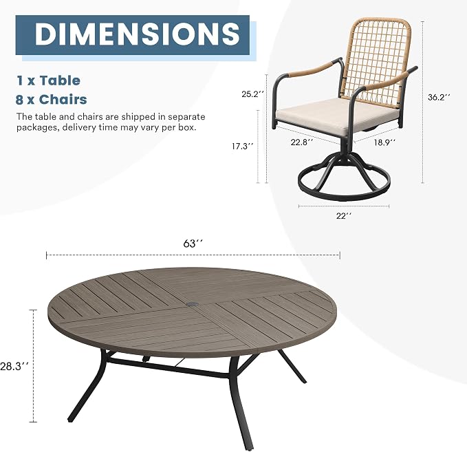 DIFY 9 Pieces Outdoor Dining Set, Metal Patio Table and Chairs Set for 8, 63" Round Dining Table with Umbrella Hole & Wicker Swivel Patio Chairs with Cushions, Grey Wood-Like Tabletop