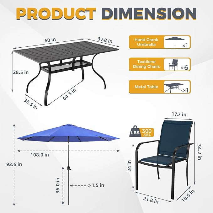 SUNCROWN 8 - Piece Outdoor Dining Set, Patio Furniture Set with 6 Textilene Dinning Chairs, 1 Rectangle Metal Table and 1 Dark Blue 9Ft Patio Umbrella for Lawn Garden Backyard Deck, Blue