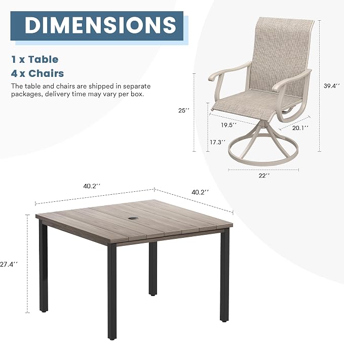 DIFY Patio Table and Chairs Set for 4, 5 Piece Outdoor Dining Set, 40.2" Grey Wood-Like Square Metal Dining Table with Umbrella Hole and 4 Sandshell Textilene Swivel Patio Chairs, for Garden Backyard
