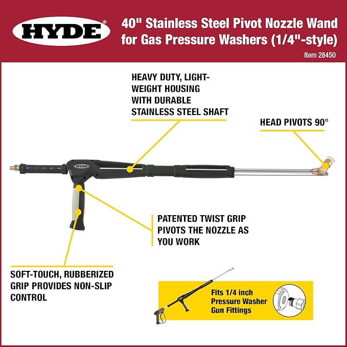 HYDE 28450 Pivot Nozzle Wand, 4000 PSI, Stainless Steel, Pressure Washer Gun, Pressure Washer Wand, Pressure Washer Accessories, Spray Clean Surfaces.