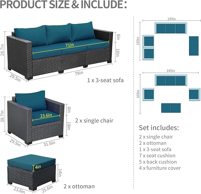 Rattaner Patio Furniture Set 5-Piece Outdoor Furniture Sets Wicker Patio Couch Chairs and Ottomans with Anti-slip Cushions and Waterproof Covers, Peacock Blue