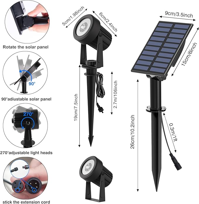 T-SUNUS Solar Spotlights Outdoor RGB, Color Changing Landscape Lights with 9.8ft Cable, IP65 Waterproof, Adjustable Solar Panel & Light, Auto On/Off for Yard Tree Pathway Driveway Christmas (2 Pack)
