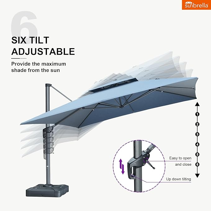 PURPLE LEAF 12FT Sunbrella Cantilever Umbrella Outdoor Square Double Top Large Offset Hanging 360° Rotation Heavy Duty Umbrella for Garden Patio Deck Pool Backyard Spectrum Denim