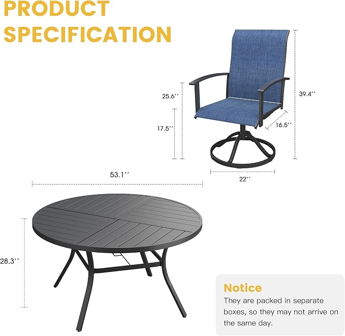VICLLAX Outdoor Table and Chairs Set of 6, Metal Patio Dining Set-53 Round Dining Table and 6 Swivel Chairs for Deck, Lawn and Garden, Black Table and Blue Chairs