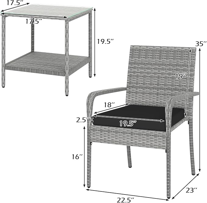 Tangkula 3 Pieces Patio Furniture Set, PE Rattan Outdoor Cushioned Conversation Chairs with 2-Tier Tempered Glass Tabletop Table, for Balcony, Garden and Poolside