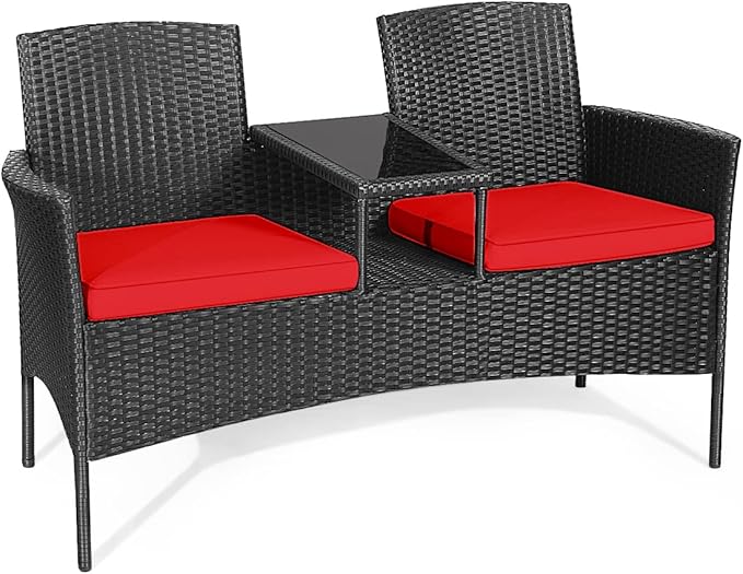 Outdoor Love Seat Wicker Patio Conversation Set, Rattan Outdoor Furniture Set with Cushion & Built-in Coffee Table, Patio Couch Outdoor Bench for Garden, Lawn, Backyard(Red)