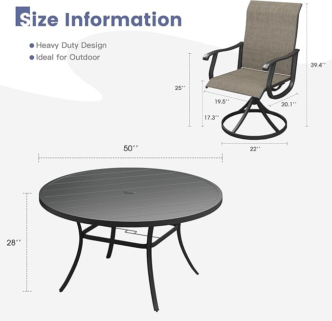 VICLLAX 7 Pieces Outdoor Dining Set, Patio Furniture Set of 6 Patio Swivel Dining Chairs and 50" Patio Round Table, Mixed Brown Chairs & Black Tabletop