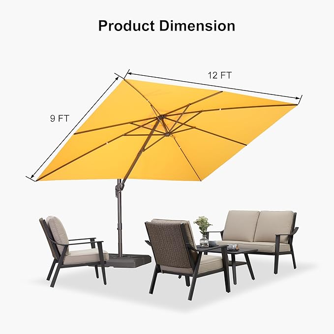 PURPLE LEAF 9' X 11.5' Rectangle Cantilever Umbrella with Base Patio Umbrella Outdoor Aluminum Antique Bronze Offset Hanging Umbrella with 360-degree Rotation for Pool Garden Backyard Deck, Yellow