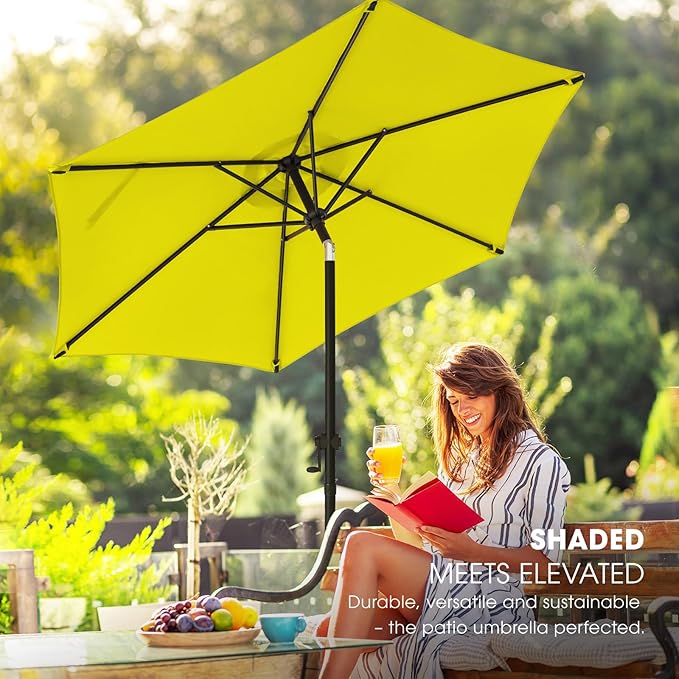 wikiwiki 7.5FT Patio Umbrella with Base, Outdoor Umbrellas with Base Included, 6 Sturdy Ribs, Waterproof Fade Resistant POLYESTER DTY Canopy for Deck, Lawn, Garden, Backyard & Pool, Yellow