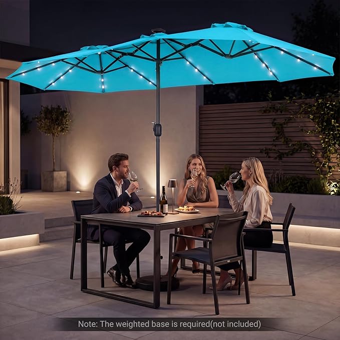 Tangkula 13 Ft Solar Patio Umbrella, Double-Sided Extra Large Outdoor Market Table Umbrella with 36 LED Lights, Crank Handle, 12 Sturdy Ribs for Poolside, Garden & Backyard (Turquoise)