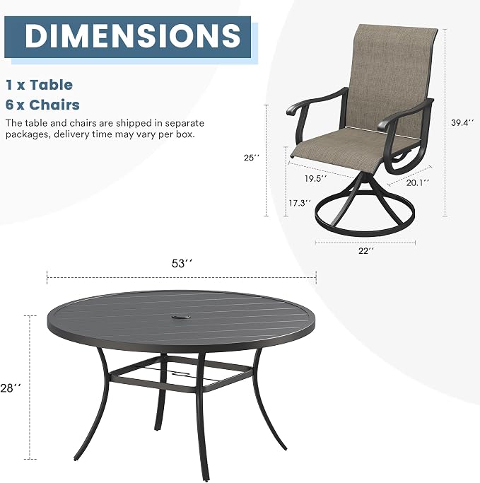 DIFY Outdoor Dining Set for 6, 7 Piece Patio Table and Chairs Set, Swivel Patio Dining Chairs with Brown Textilene & 53" Black Round Metal Dining Table with Umbrella Hole, for Garden Backyard Deck