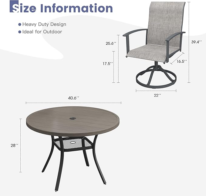 VICLLAX Outdoor Table and Chairs Set for 4, Patio Dining Set of 40.7" Metal Round Patio Table with Umbrella Hole & 4 Swivel Outdoor Dining Chairs for Backyard Lawn, Grey & Antique Grey