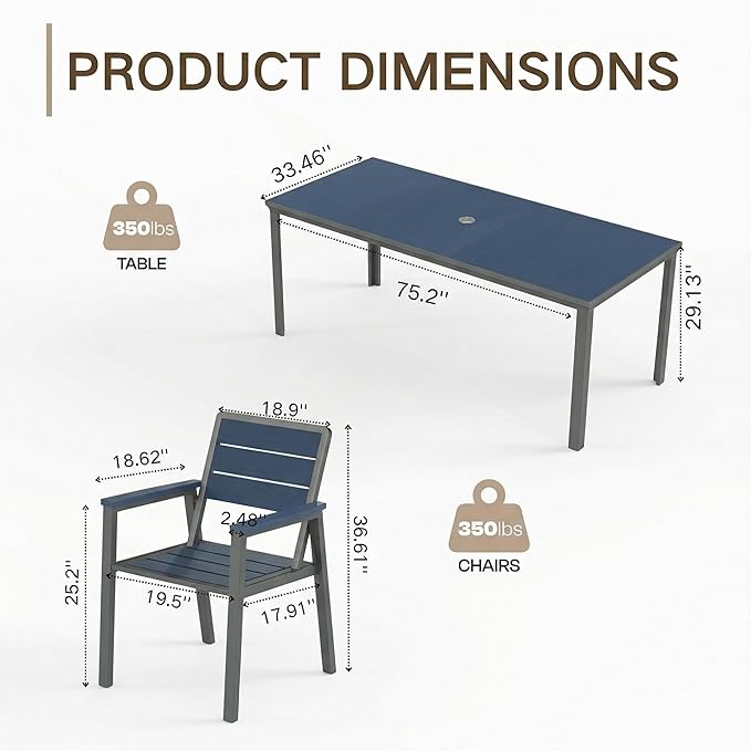 Kingdura 7 Piece Patio Dining Set for 6, HDPE & Aluminum Outdoor Table & Chairs with Umbrella Hole, All-Weather Outdoor Furniture Patio Conversation Set for Lawn Pool Backyard, Blue