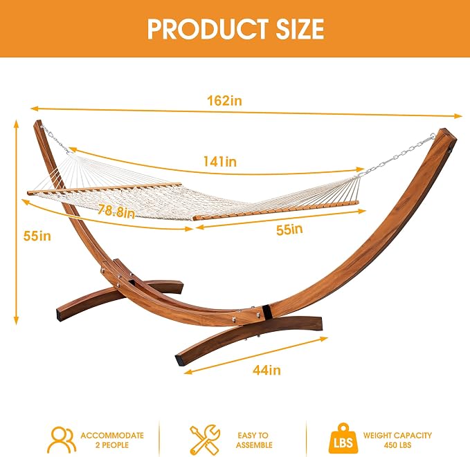 Lazy Daze Hammocks Double Rope Hammock with 13 FT Curved Steel Heavy Duty Stand for Outside, Backyard, Patio, 450 Lbs Capacity, Natural