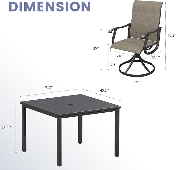 VICLLAX 5 Pieces Patio Dining Set, Patio Furniture Set of 4 Patio Swivel Dining Chairs and Square Patio Table, Mixed Brown Chairs & Black Tabletop