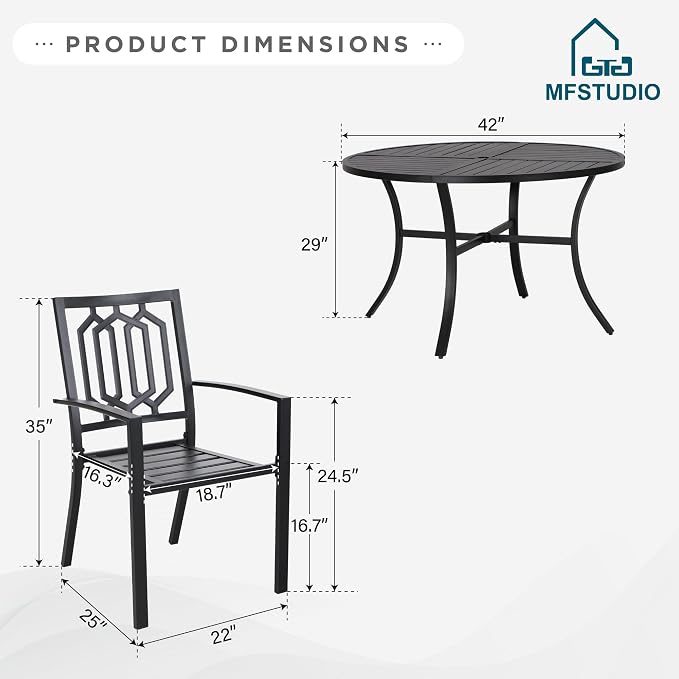 MFSTUDIO Round Outdoor Table and Chairs Set for 4 | Durable metal frame.Includes 4 chairs&patio table w/ umbrella hole.Perfect for deck,yard or patio.