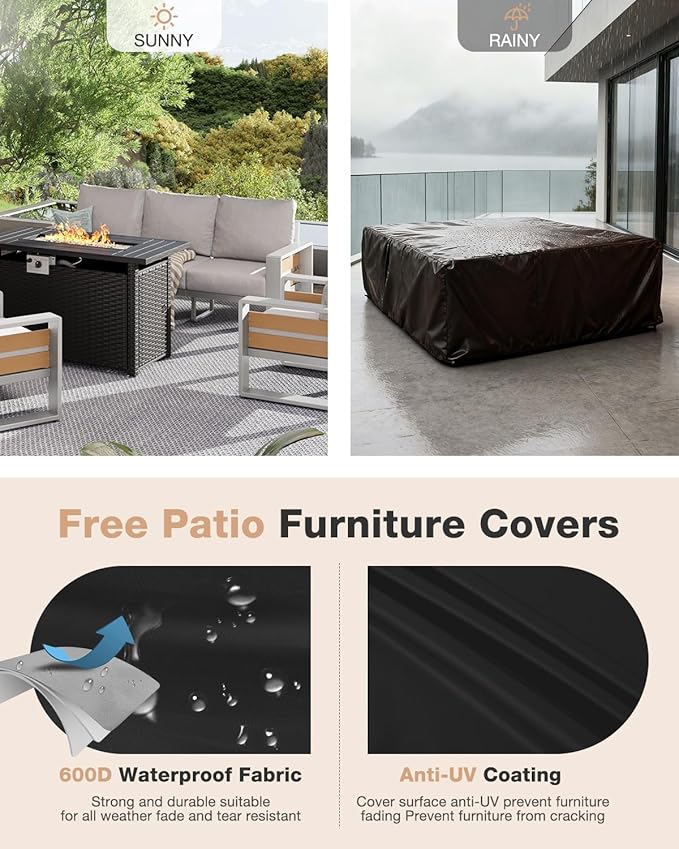 Aoxun Aluminum Patio Furniture Set with Fire Pit Table, 5 Piece Luxury Outdoor Sectional with 6" Olefin Fabric Cushions, Patio Conversation Sets with Waterproof Cover for Backyard, Porch Grey