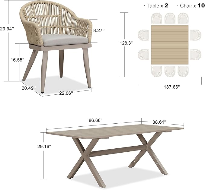 PURPLE LEAF 12 Pieces Patio Dining Set with Outdoor Aluminium Dining Table and Woven Chairs Modern Metal Furniture Cushions Sets for Garden Yard Indoor Decor Kitchen Champagne