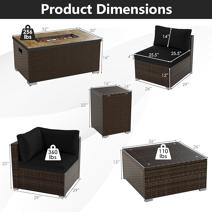 Tangkula 7 Pieces Outdoor Sectional Sofa Set Set with 32” Fire Pit Table and Propane Tank Cover, for Deck, Garden and Backyard, Fire Pit Protective Cover Included (Black)