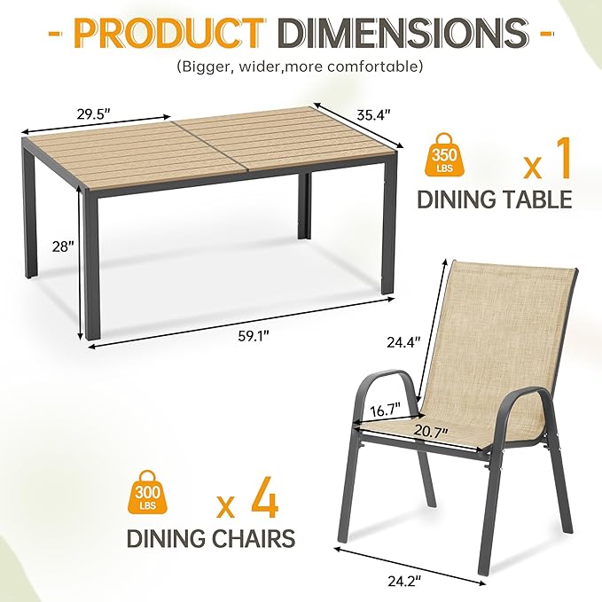 PIZZELLO 5-Piece Outdoor Dining Set Patio Dining Set for 4 Outdoor Table and Chairs All Weather Outdoor Patio Set w/Stackable Patio Chairs and HDPE Table for Backyard, Garden and Poolside, Khaki