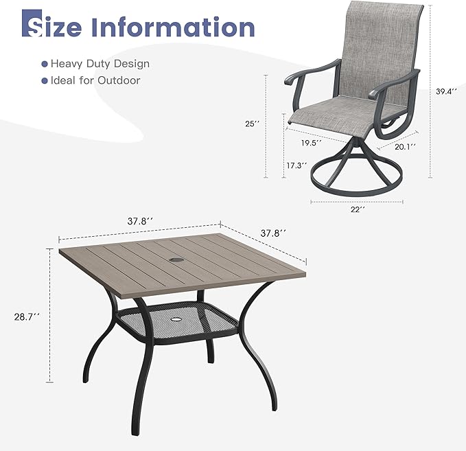 VICLLAX 5 Pieces Patio Dining Set, Patio Furniture Set of 4 Patio Swivel Dining Chairs and Square Patio Table with Storage Shelf for Backyard Lawn Garden, Grey Chairs & Antique Grey Tabletop
