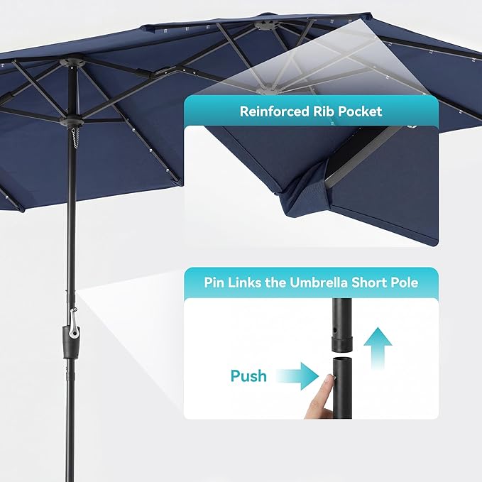 COSIEST 13FT Patio Umbrella with Solar Lights, Outdoor Double-Sided Table Umbrella,Large Rectangular Market Umbrella w Crank Handle for Garden, Pool, Deck Shade, Navy Blue