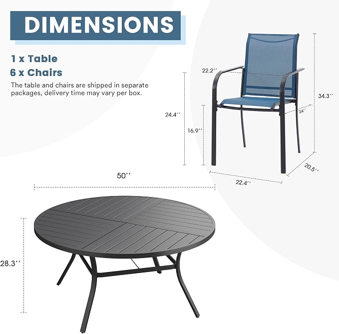 DIFY 7 Pieces Outdoor Patio Dining Set for 6, 50" Black Round Metal Dining Table and 6 Blue Stackable Sling Dining Chairs, Outdoor Table and Chairs for Lawn Garden Backyard Deck