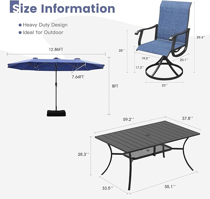 VICLLAX 8 Pieces Patio Dining Set with Patio Umbrella, 6 Patio Swivel Chairs and Metal Patio Table with 15ft Blue Outdoor Umbrella for Backyard, Navy Blue Chairs & Black Tabletop
