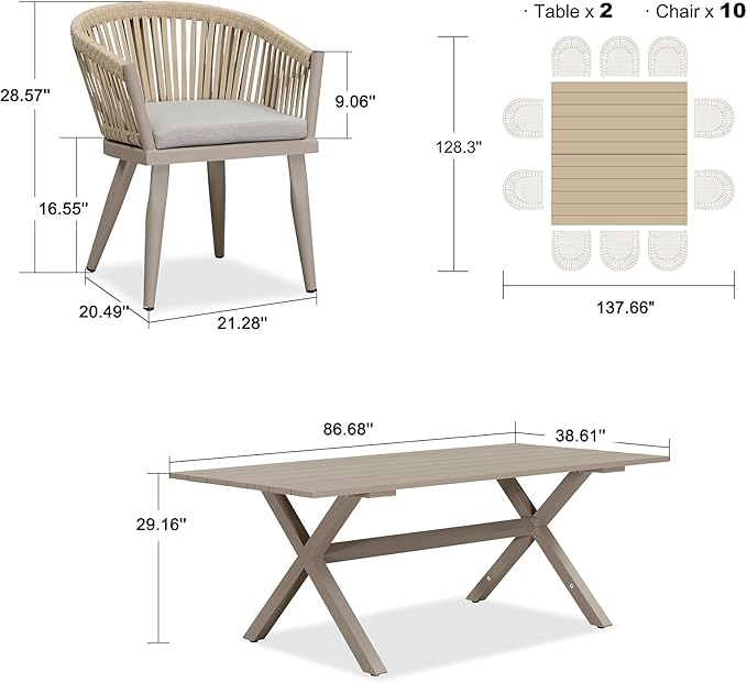 PURPLE LEAF 12 Pieces Outdoor Dining Set with Patio Aluminium Dining Table and Wicker Chairs Modern Furniture Cushions Sets for Backyard Indoor Decor Kitchen Champagne