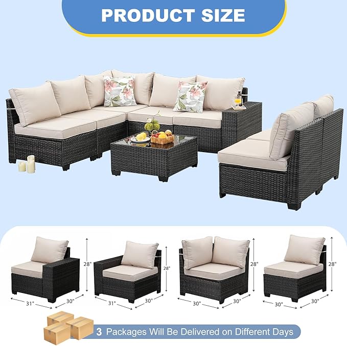 Patio Furniture Set, 8 Pieces Outdoor Couch Sofa with Wider Armrests & Glass Coffee Table, Outdoor Sectional Furniture with Thick Cushions for Party, Poolside,Garden-Beige