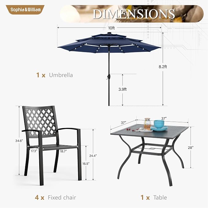 Sophia & William Metal Outdoor Patio Dining Set 6 PCS with 10ft 3 Tier Auto-tilt Umbrella(Navy Blue), 4 x Metal Outdoor Chairs, 1 x Square 37"x 37" Dining Table and 1 Patio Umbrella