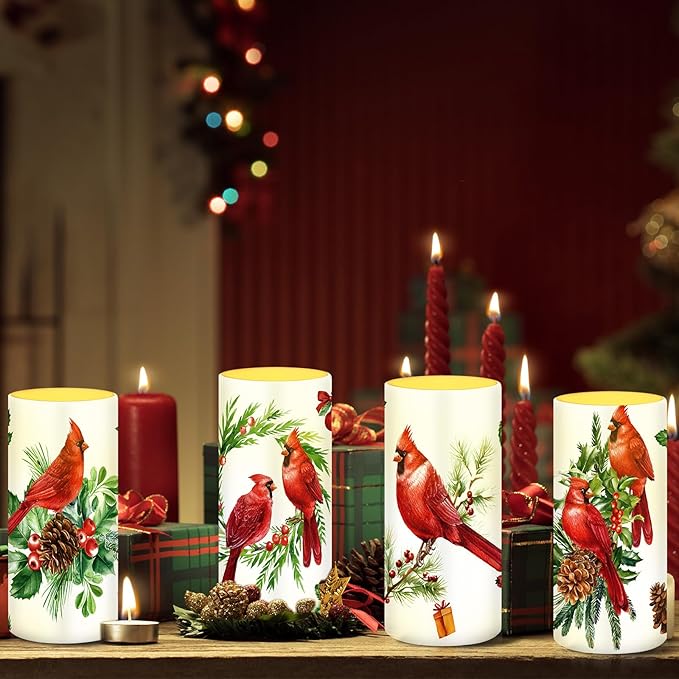 Tiamon 4 Pcs Christmas Red Bird Candles LED Bird Theme Flameless Candles Set LED Warm Light Flickering Xmas Pillar Decor for Holiday Table Decorations