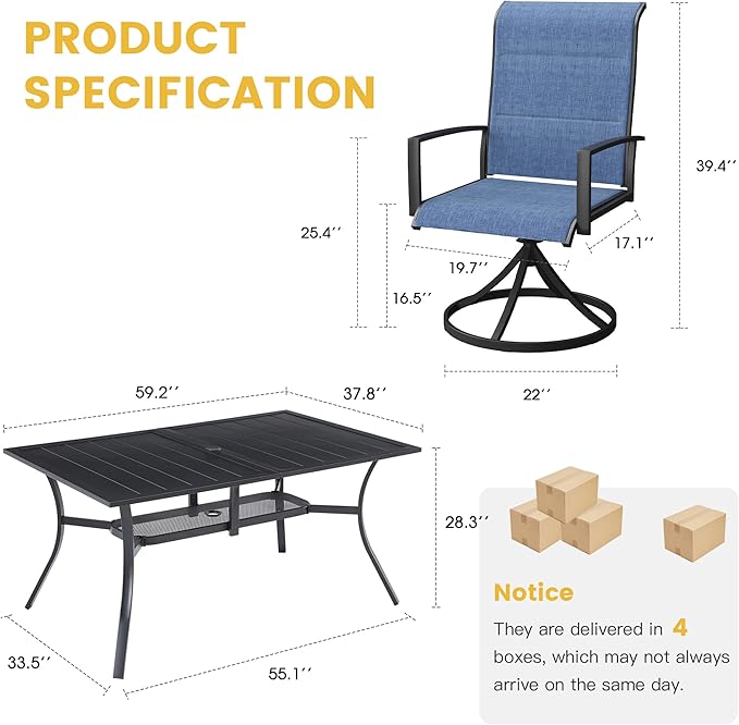 VICLLAX 7 Pieces Patio Dining Set for 6-59" Rectangle Patio Table and 6 Outdoor Swivel Padded Chairs, Black Tabletop and Blue Fabric