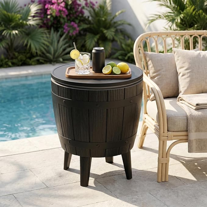 ROJIK 3-in-1 Resin Ice Bucket & Beverage Cooler – Wood Look Patio Table, UV Protection & Drain Plug for Outdoor Parties, Bars, and Poolside Use