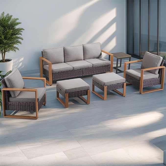 Rilyson Outdoor Wicker Patio Furniture Set - 4 Piece Patio Conversation Set with 2 Wicker Armrest Chairs,2 Rattan Ottoman, Sturdy Frame, Thick Cushions, Deep Seating(Brown/Grey)
